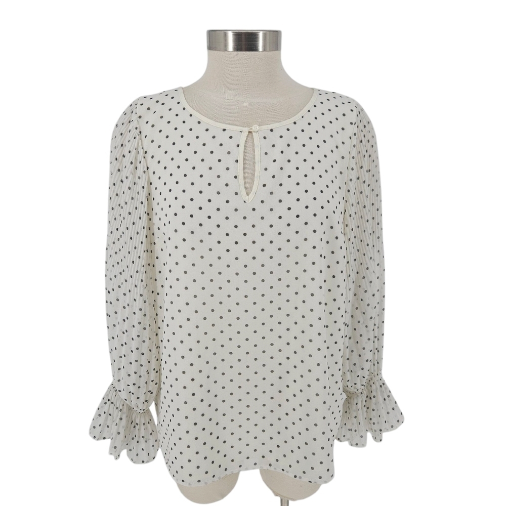 Talbots Blouse Off White Polka Dot Gathered Long Sleeve Keyhole Top Petite PL